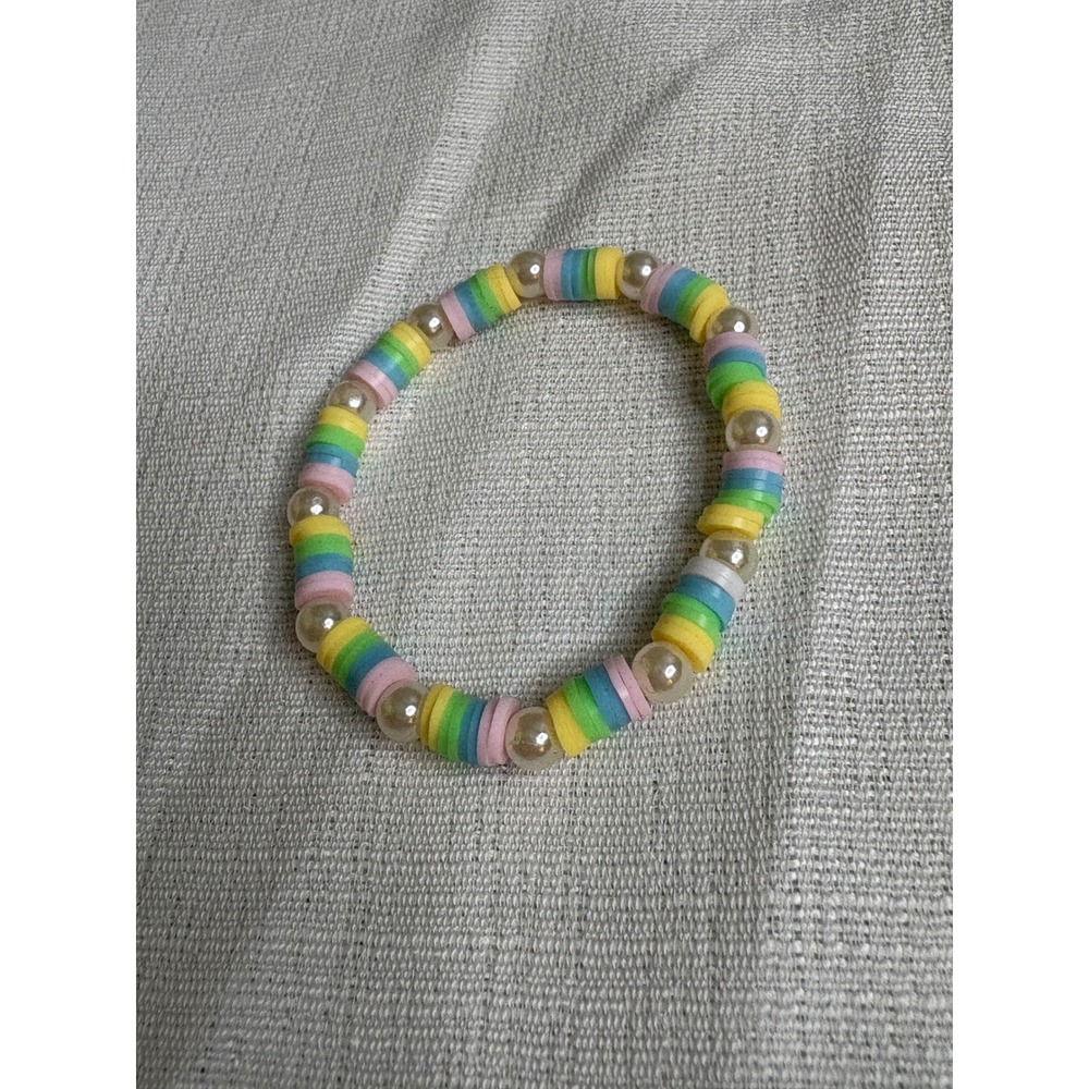 Pastel Rainbow Heishi Bead and Faux Pearl Stretch Bracelet Boho Handmade